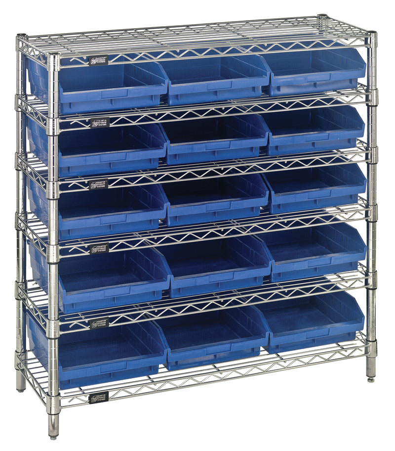 Quantum WR6-36-1236-109BL, 12"W 36"D 36"H Bin Wire Shelving System, Blue Bins, Chrome Plated Finish