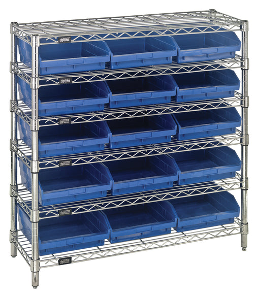 Quantum WR6-36-1236-109BL, 12"W 36"D 36"H Bin Wire Shelving System, Blue Bins, Chrome Plated Finish