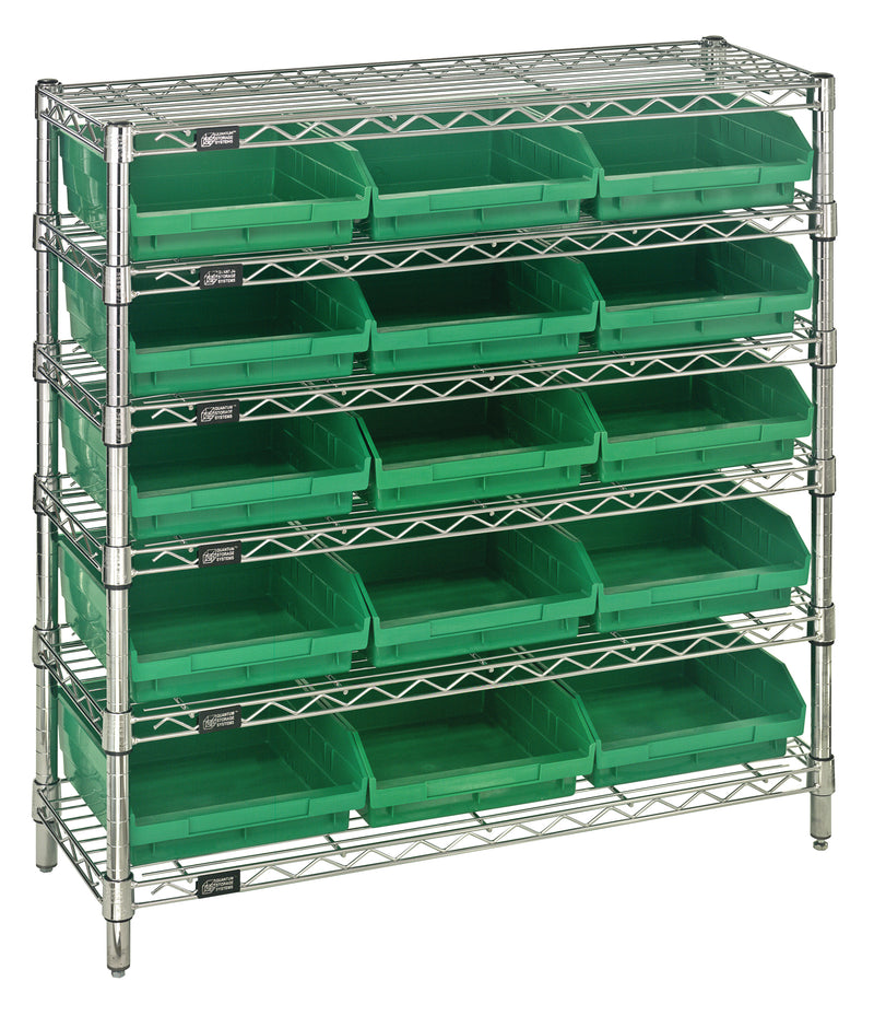 Quantum WR6-36-1236-109GN, 12"W 36"D 36"H Bin Wire Shelving System, Green Bins, Chrome Plated Finish