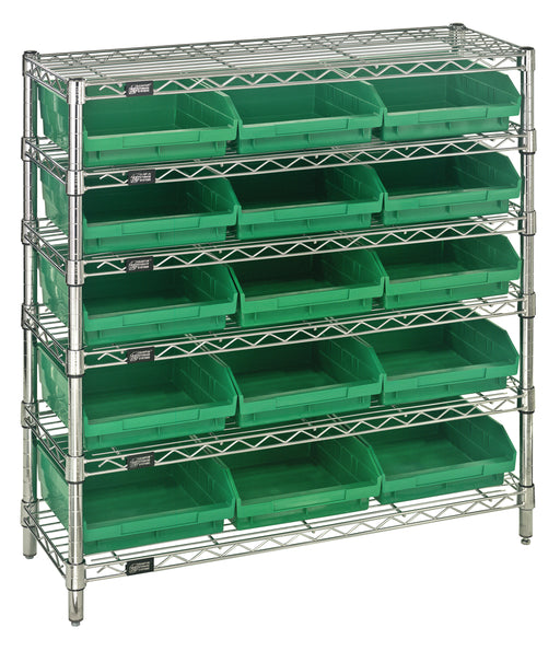 Quantum WR6-36-1236-109GN, 12"W 36"D 36"H Bin Wire Shelving System, Green Bins, Chrome Plated Finish