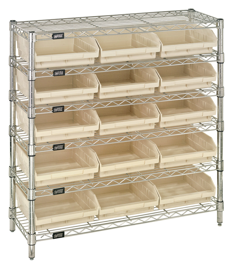 Quantum WR6-36-1236-109IV, 12"W 36"D 36"H Bin Wire Shelving System, Ivory Bins, Chrome Plated Finish