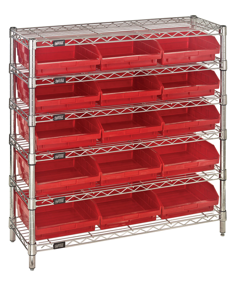 Quantum WR6-36-1236-109RD, 12"W 36"D 36"H Bin Wire Shelving System, Red Bins, Chrome Plated Finish