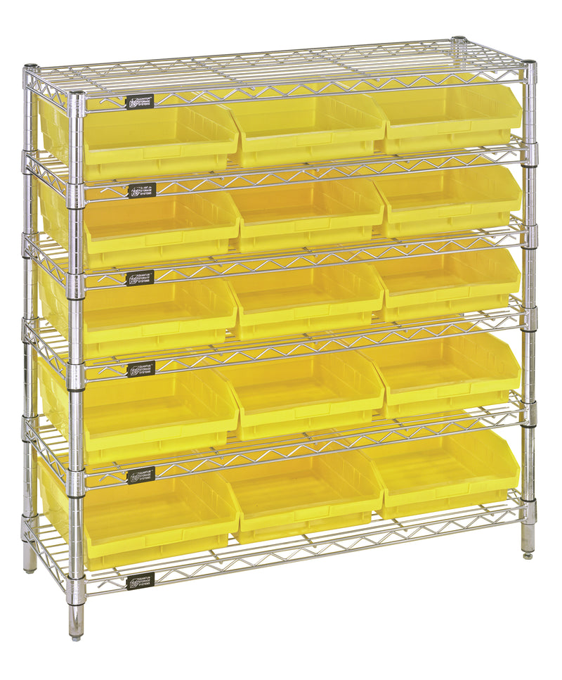 Quantum WR6-36-1236-109YL, 12"W 36"D 36"H Bin Wire Shelving System, Yellow Bins, Chrome Plated Finish
