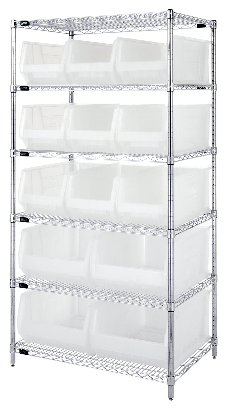 Quantum WR6-953954CL, 24"W 36"D 74"H Bin Wire Shelving System, Clear Bins, Chrome Plated Finish