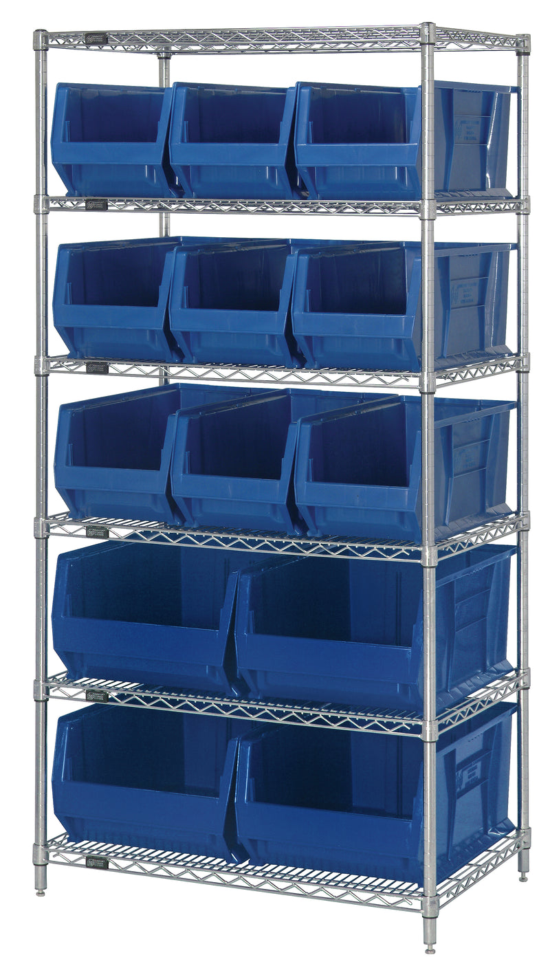Quantum WR6-953954BL, 24"W 36"D 74"H Bin Wire Shelving System, Blue Bins, Chrome Plated Finish