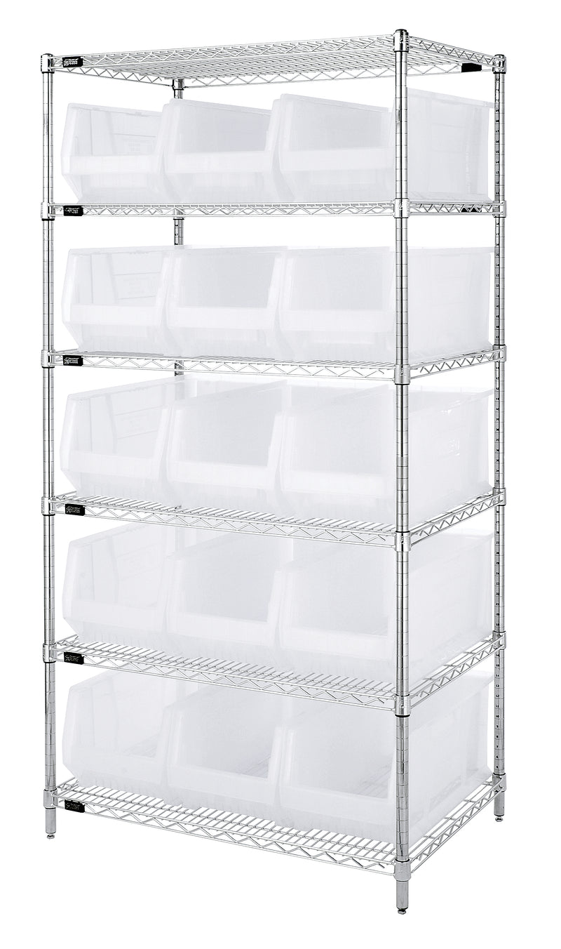Quantum WR6-953CL, 24"W 36"D 74"H Bin Wire Shelving System, Clear Bins, Chrome Plated Finish