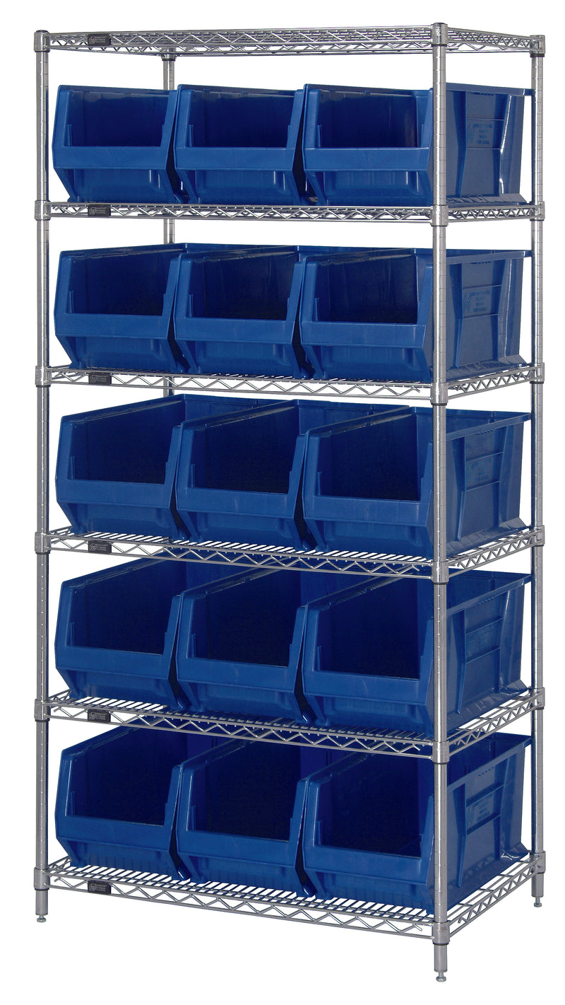 Quantum WR6-953BL, 24"W 36"D 74"H Bin Wire Shelving System, Blue Bins, Chrome Plated Finish
