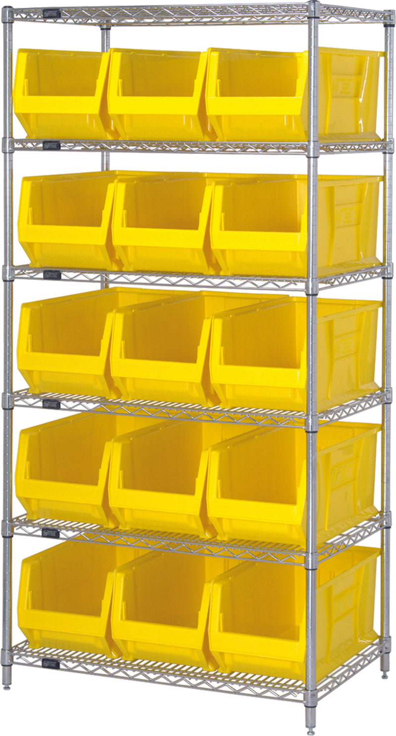Quantum WR6-953YL, 24"W 36"D 74"H Bin Wire Shelving System, Yellow Bins, Chrome Plated Finish