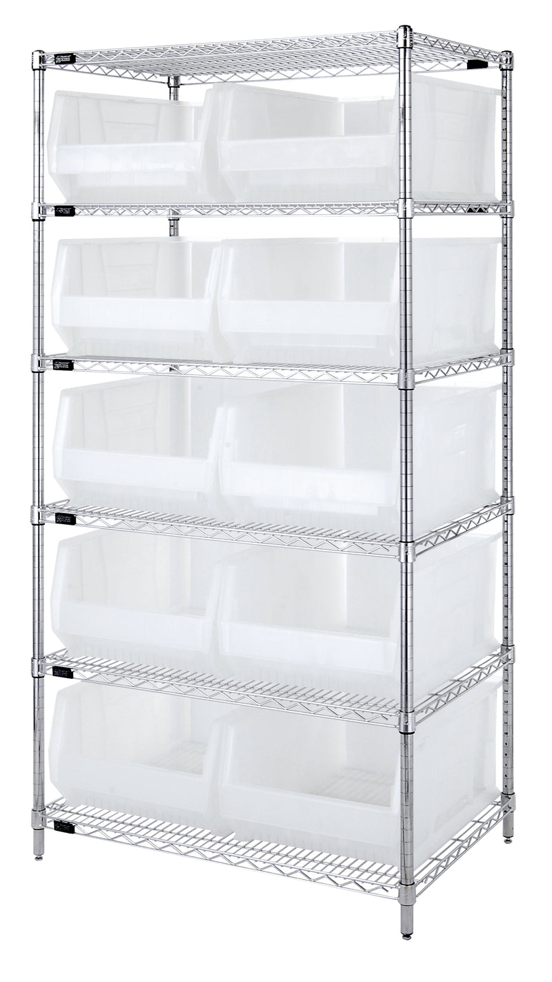 Quantum WR6-954CL, 24"W 36"D 74"H Bin Wire Shelving System, Clear Bins, Chrome Plated Finish