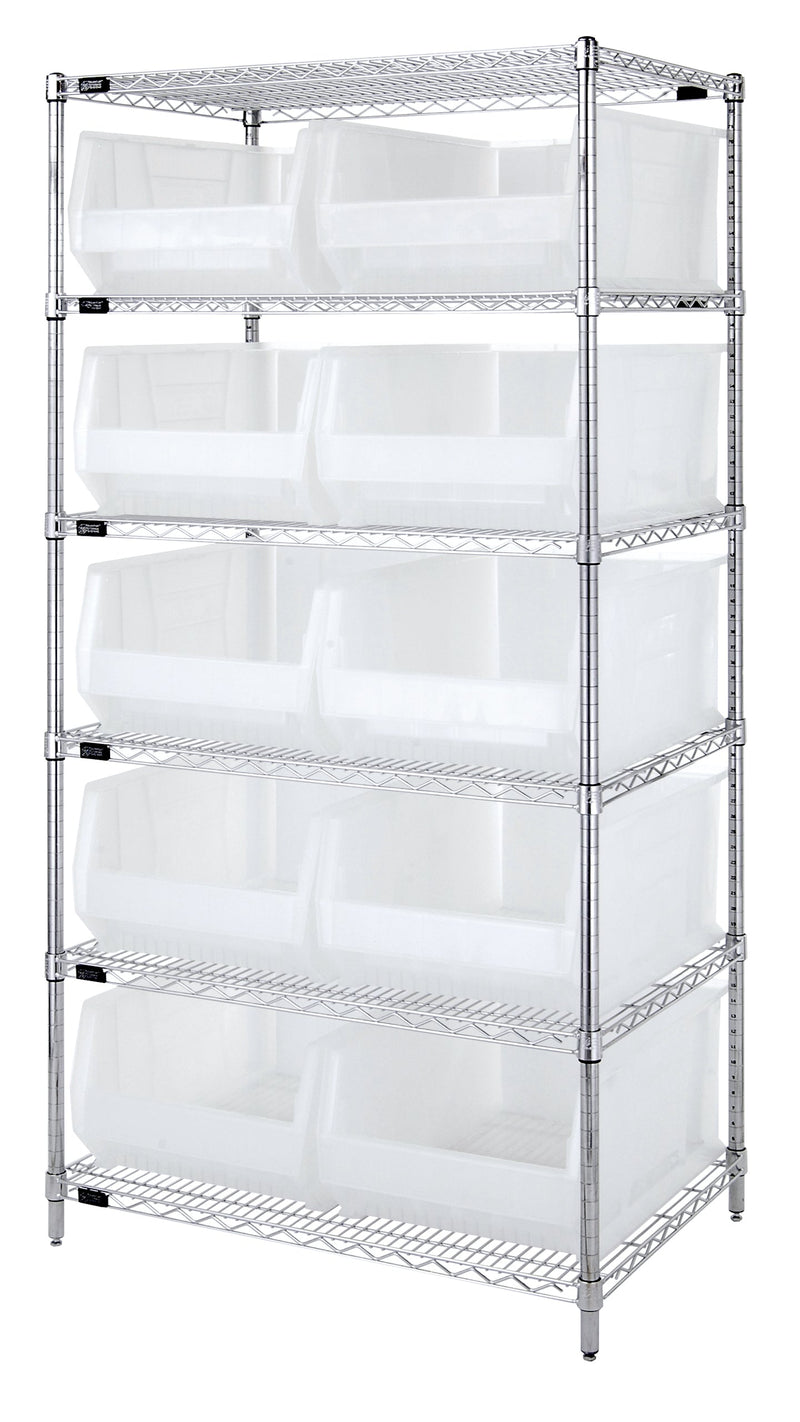 Quantum WR6-957CL, 24"W 48"D 74"H Bin Wire Shelving System, Clear Bins, Chrome Plated Finish