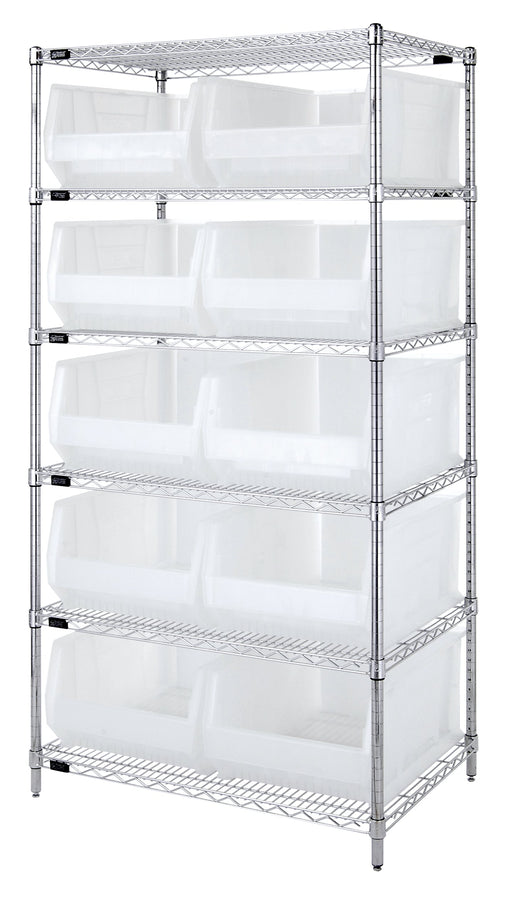 Quantum WR6-957CL, 24"W 48"D 74"H Bin Wire Shelving System, Clear Bins, Chrome Plated Finish