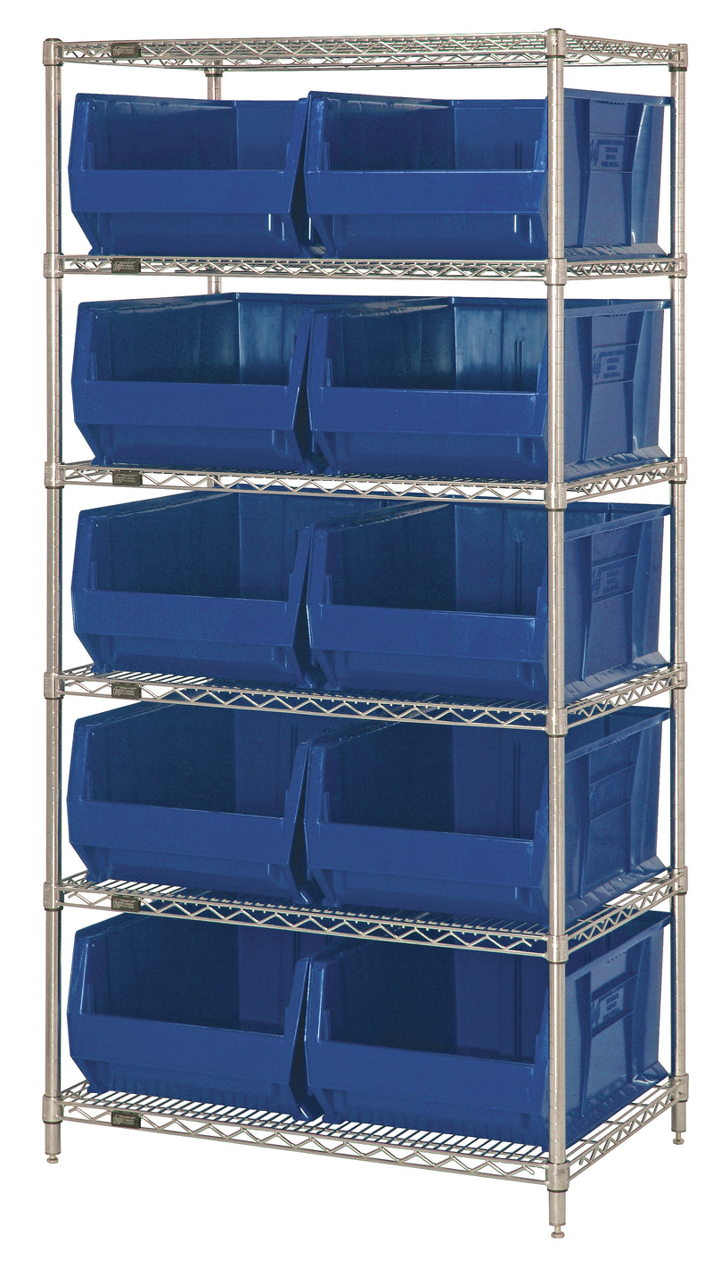 Quantum WR6-954BL, 24"W 36"D 74"H Bin Wire Shelving System, Blue Bins, Chrome Plated Finish