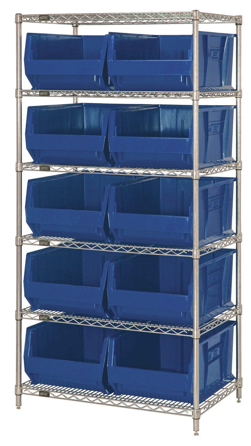 Quantum WR6-957BL, 24"W 48"D 74"H Bin Wire Shelving System, Blue Bins, Chrome Plated Finish