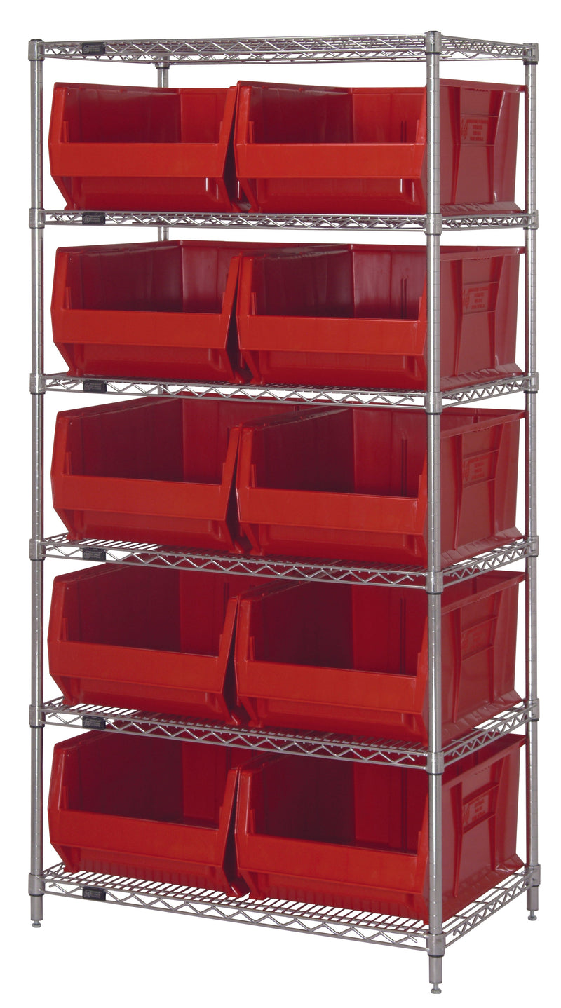 Quantum WR6-957RD, 24"W 48"D 74"H Bin Wire Shelving System, Red Bins, Chrome Plated Finish