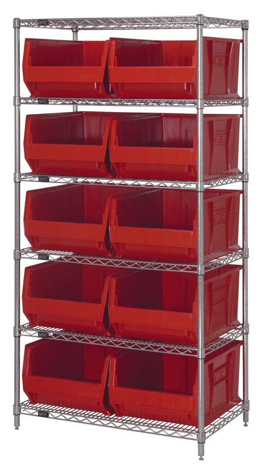 Quantum WR6-957RD, 24"W 48"D 74"H Bin Wire Shelving System, Red Bins, Chrome Plated Finish