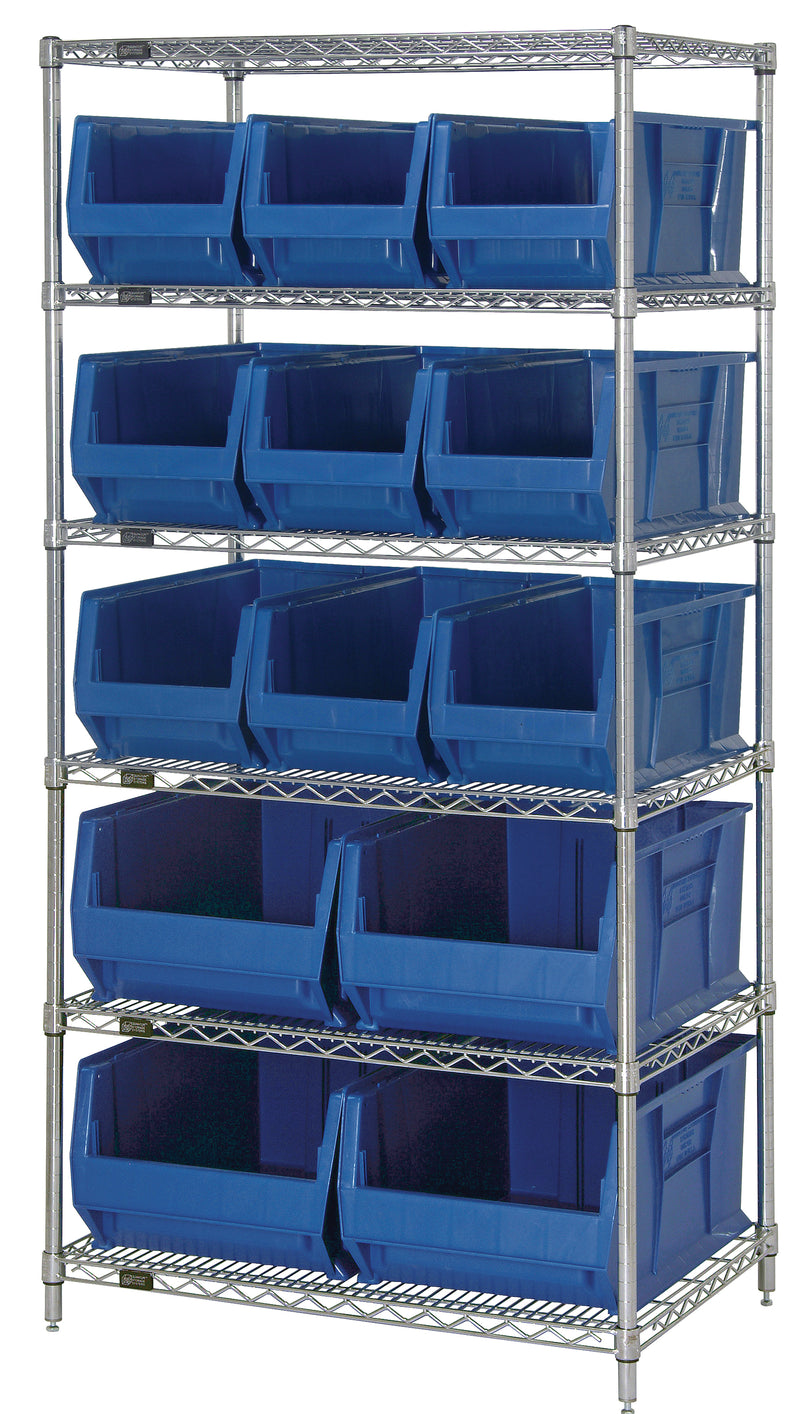 Quantum WR6-973974BL, 30"W 36"D 74"H Bin Wire Shelving System, Blue Bins, Chrome Plated Finish