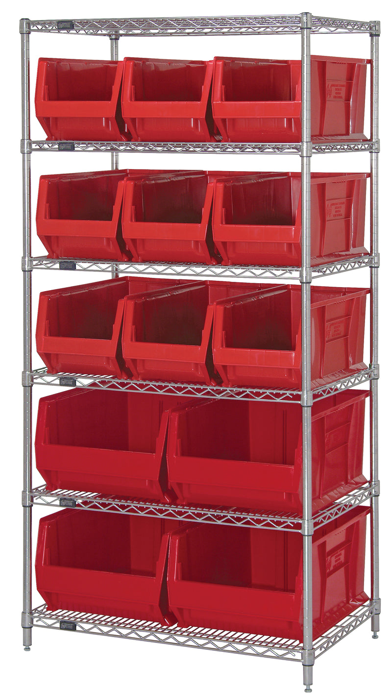 Quantum WR6-973974RD, 30"W 36"D 74"H Bin Wire Shelving System, Red Bins, Chrome Plated Finish