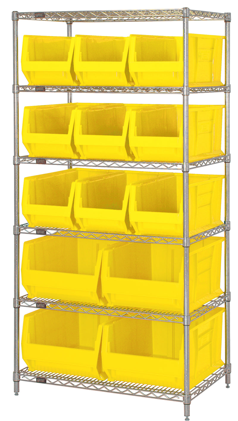 Quantum WR6-973974YL, 30"W 36"D 74"H Bin Wire Shelving System, Yellow Bins, Chrome Plated Finish