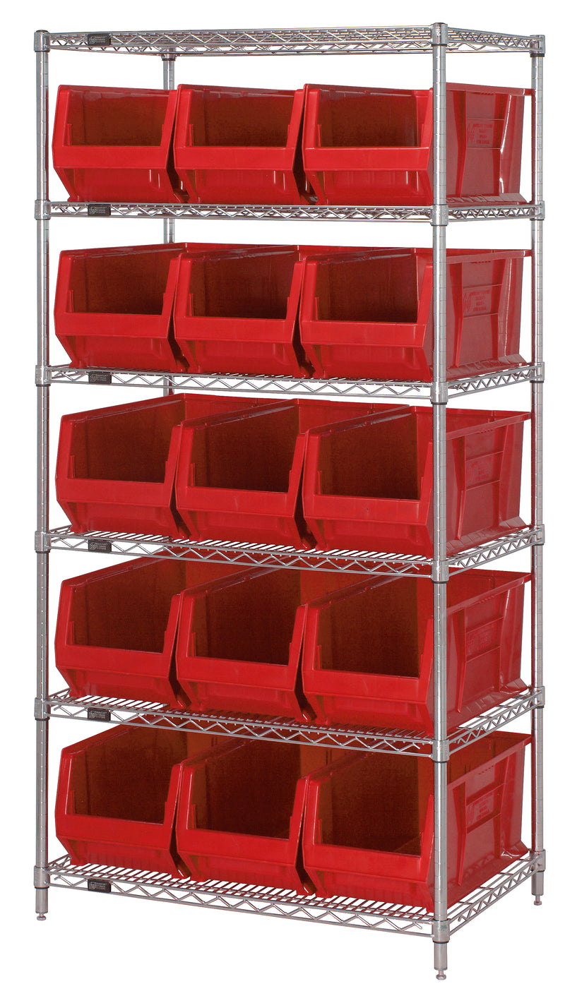 Quantum WR6-973RD, 30"W 36"D 74"H Bin Wire Shelving System, Red Bins, Chrome Plated Finish