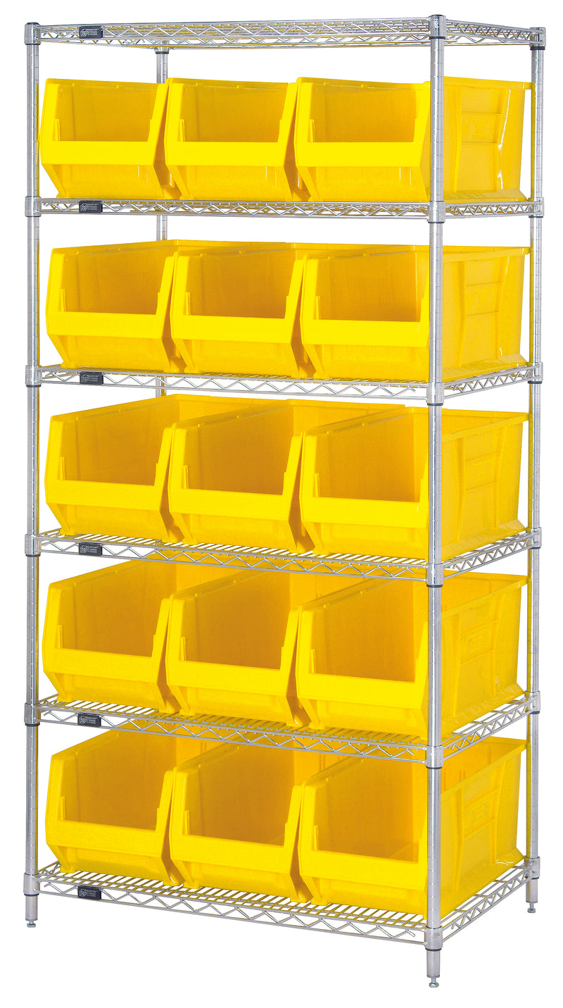 Quantum WR6-957YL, 24"W 48"D 74"H Bin Wire Shelving System, Yellow Bins, Chrome Plated Finish