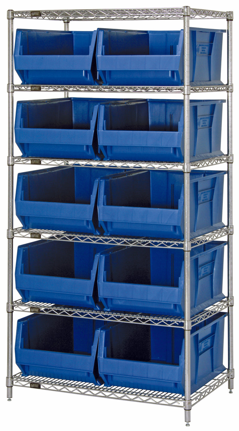 Quantum WR6-974BL, 30"W 36"D 74"H Bin Wire Shelving System, Blue Bins, Chrome Plated Finish