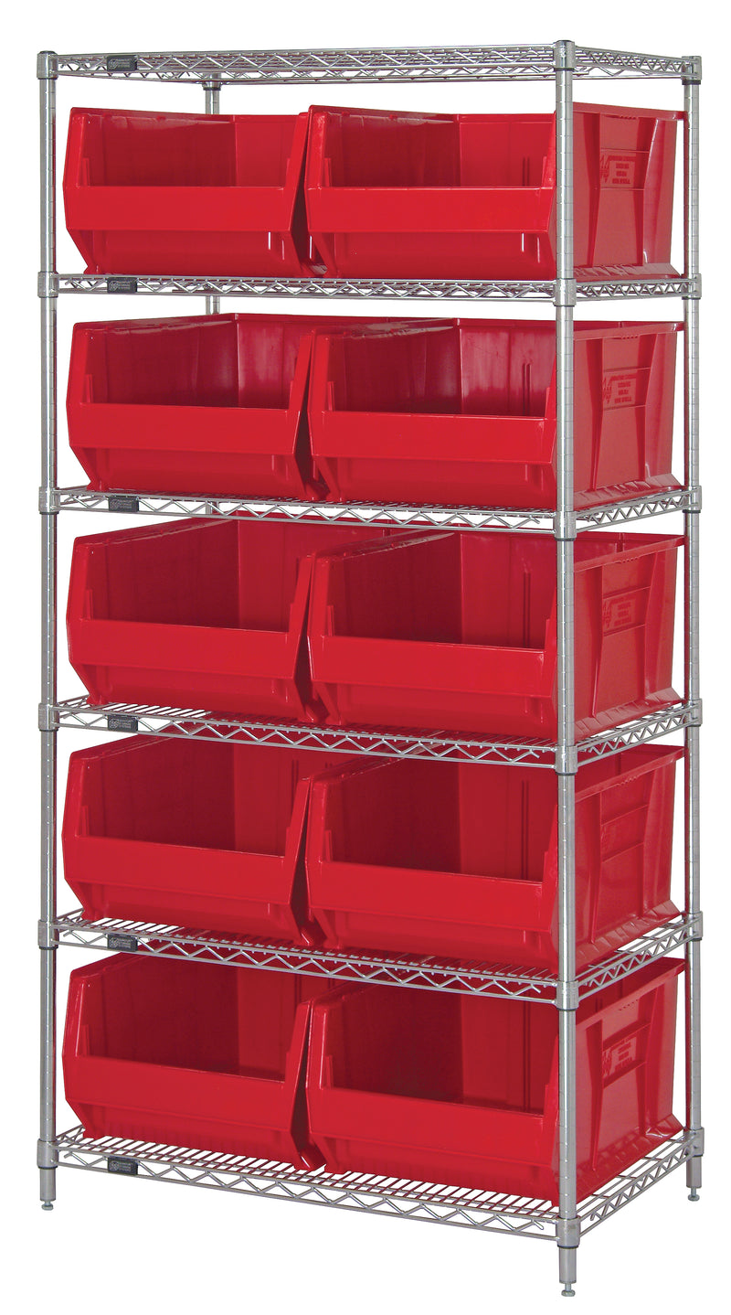 Quantum WR6-974RD, 30"W 36"D 74"H Bin Wire Shelving System, Red Bins, Chrome Plated Finish