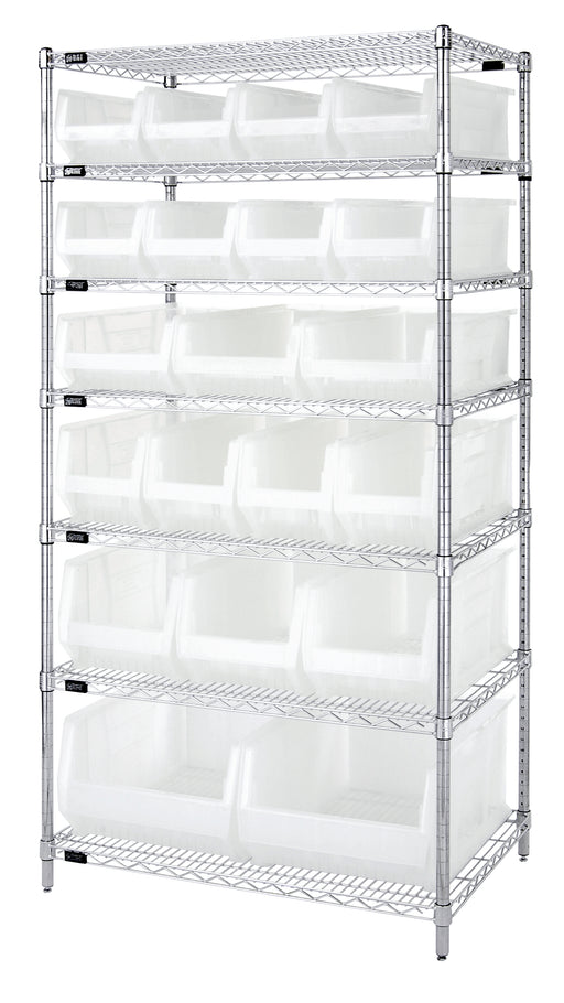 Quantum WR7-20-MIXCL, 24"W 36"D 74"H Bin Wire Shelving System, Clear Bins, Chrome Plated Finish, Mix