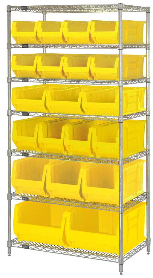 Quantum WR7-20-MIXYL, 24"W 36"D 74"H Bin Wire Shelving System, Yellow Bins, Chrome Plated Finish, Mix