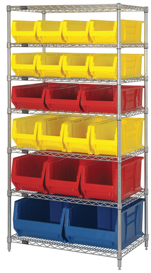 Quantum WR7-20-MIXRD, 24"W 36"D 74"H Bin Wire Shelving System, Red Bins, Chrome Plated Finish, Mix