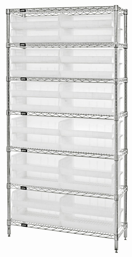 Quantum WR7-245CL, 12"W 48"D 74"H Bin Wire Shelving System, Clear Bins, Chrome Plated Finish