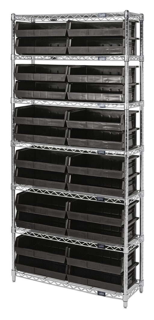 Quantum WR7-245BK, 12"W 48"D 74"H Bin Wire Shelving System, Black Bins, Chrome Plated Finish