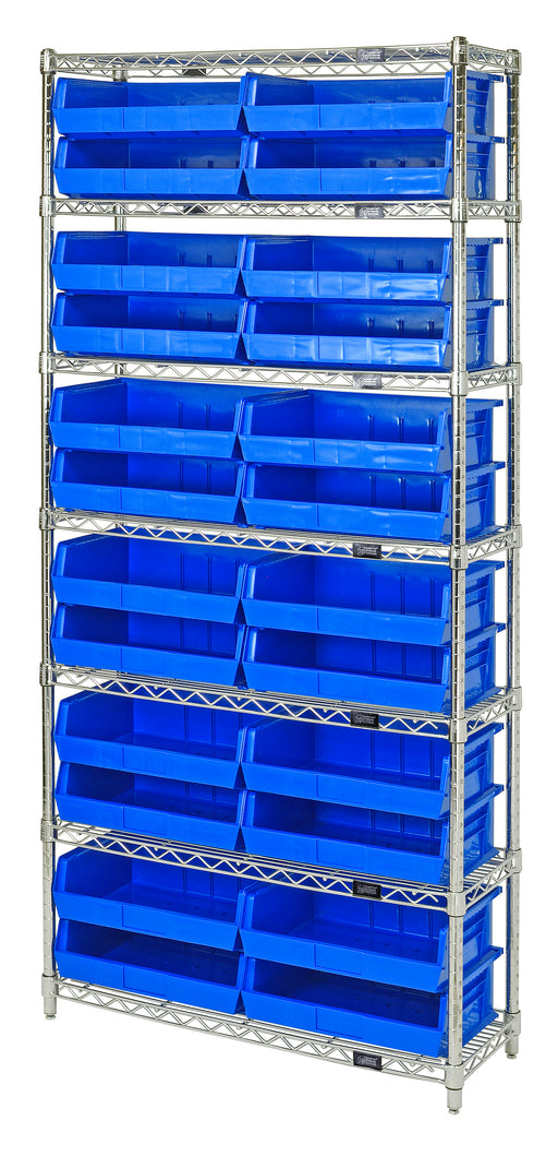 Quantum WR7-245BL, 12"W 48"D 74"H Bin Wire Shelving System, Blue Bins, Chrome Plated Finish