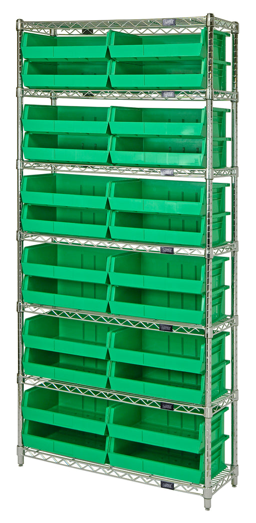 Quantum WR7-245GN, 12"W 48"D 74"H Bin Wire Shelving System, Green Bins, Chrome Plated Finish