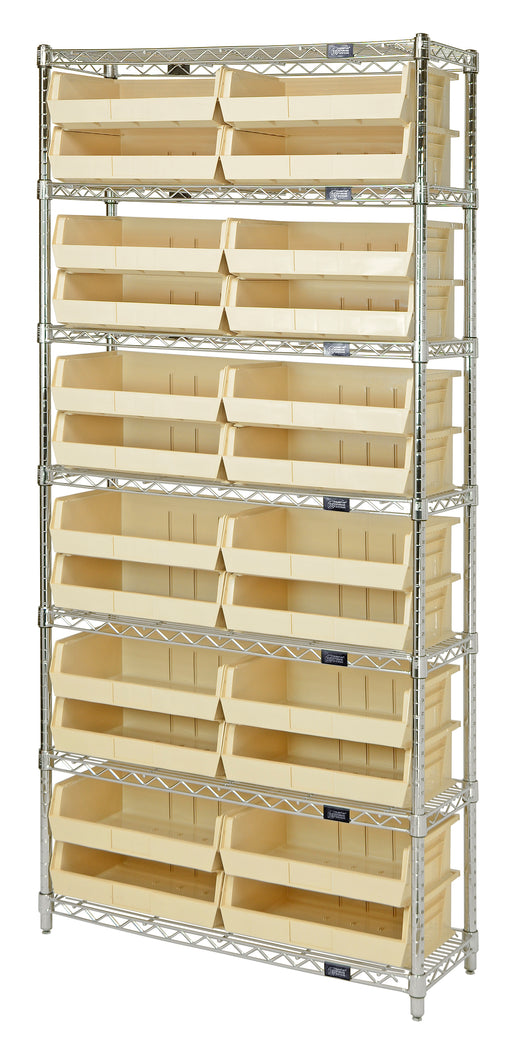 Quantum WR7-245IV, 12"W 48"D 74"H Bin Wire Shelving System, Ivory Bins, Chrome Plated Finish