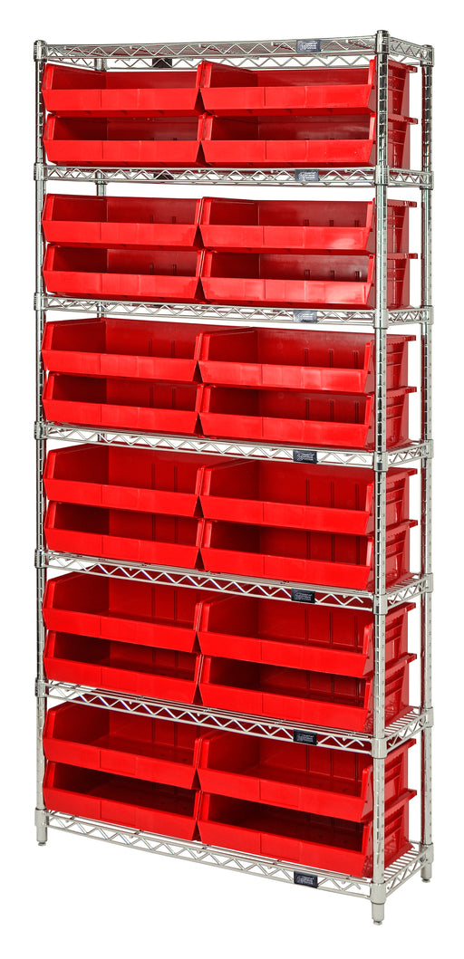 Quantum WR7-245RD, 12"W 48"D 74"H Bin Wire Shelving System, Red Bins, Chrome Plated Finish