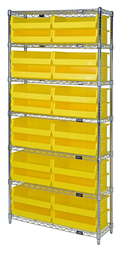 Quantum WR7-245YL, 12"W 48"D 74"H Bin Wire Shelving System, Yellow Bins, Chrome Plated Finish