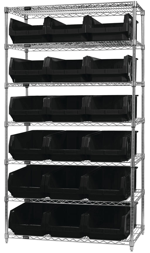 Quantum WR7-532BK, 18"W 42"D 74"H Bin Wire Shelving System, Black Bins, Chrome Plated Finish