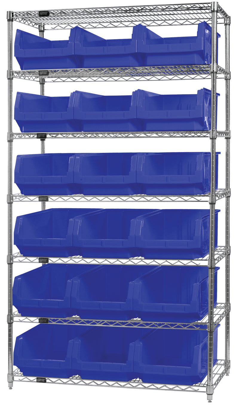 Quantum WR7-532BL, 18"W 42"D 74"H Bin Wire Shelving System, Blue Bins, Chrome Plated Finish