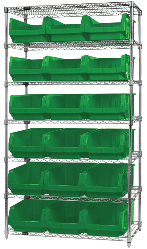 Quantum WR7-532GN, 18"W 42"D 74"H Bin Wire Shelving System, Green Bins, Chrome Plated Finish