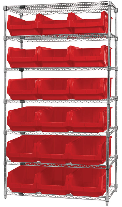 Quantum WR7-532RD, 18"W 42"D 74"H Bin Wire Shelving System, Red Bins, Chrome Plated Finish