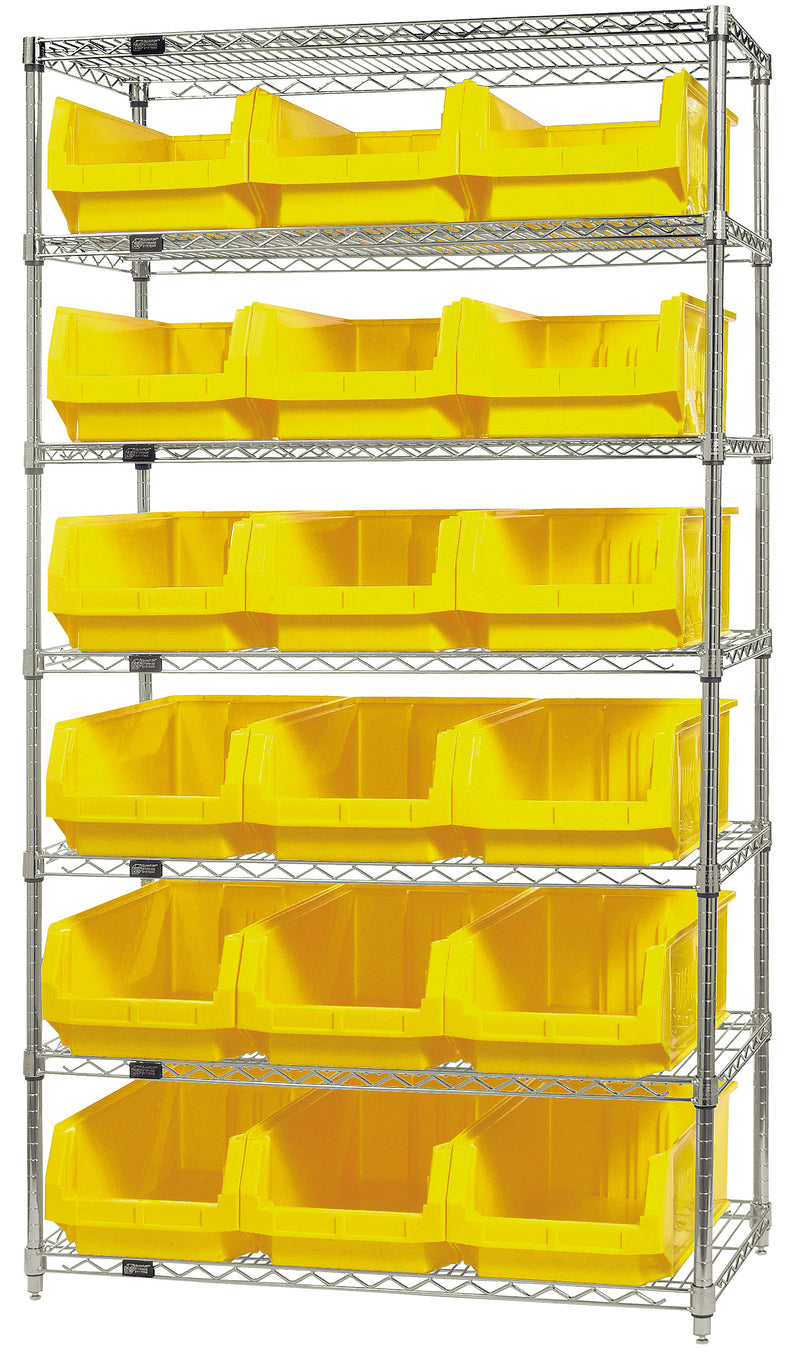Quantum WR7-532YL, 18"W 42"D 74"H Bin Wire Shelving System, Yellow Bins, Chrome Plated Finish