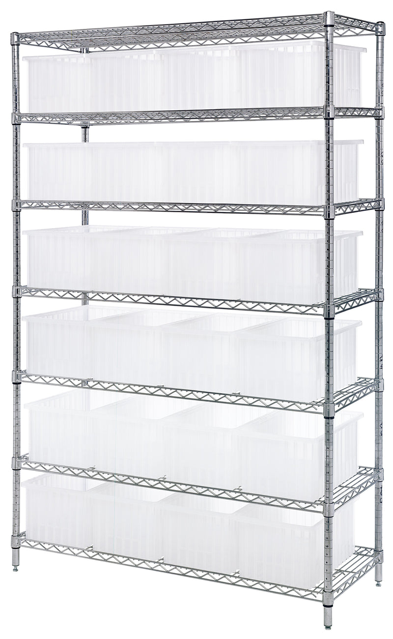 Quantum WR7-92080CL, 18"W 48"D 74"H Bin Wire Shelving System, Clear Containers, Chrome Plated Finish