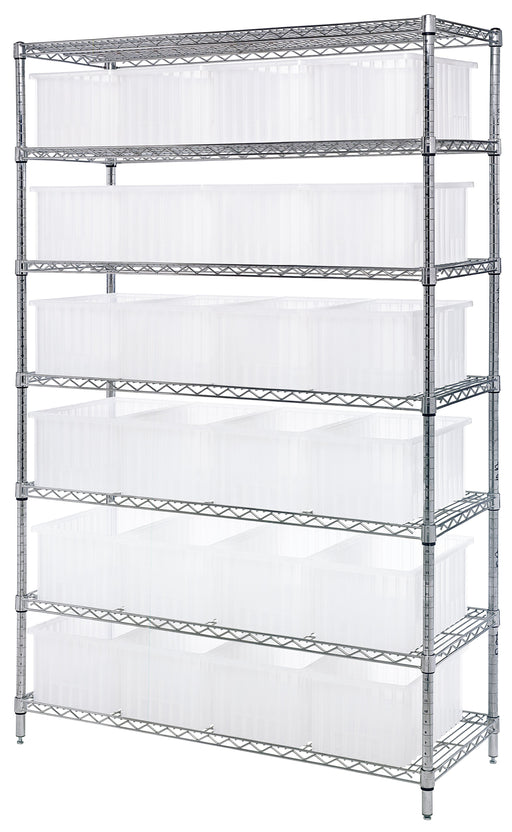 Quantum WR7-92080CL, 18"W 48"D 74"H Bin Wire Shelving System, Clear Containers, Chrome Plated Finish