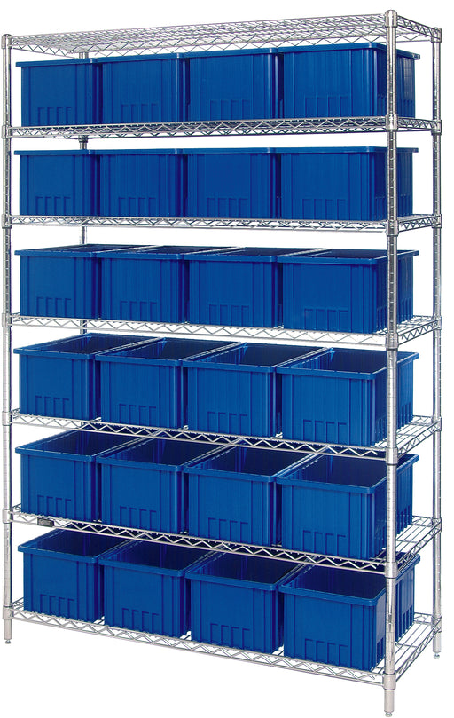 Quantum WR7-92080BL, 18"W 48"D 74"H Bin Wire Shelving System, Blue Containers, Chrome Plated Finish