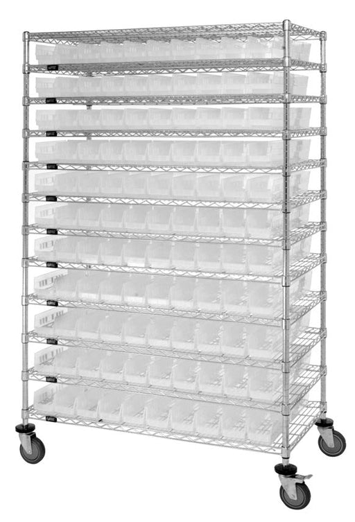 Quantum WR74-1272-110102GN, 12"W 72"D 74"H Bin Wire Shelving System, Green Bins, Chrome Plated Finish