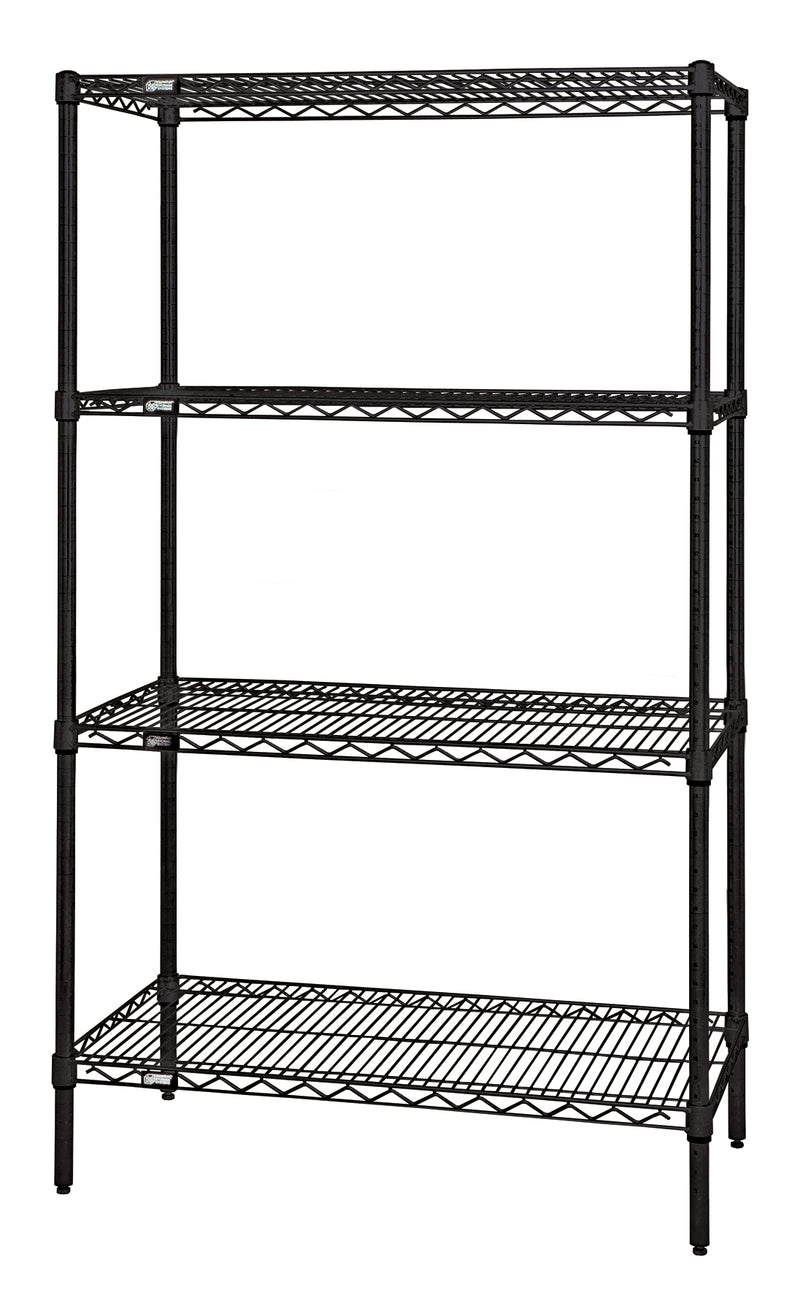 Quantum WR54-1424BK, 14"W 24"D 54"H WR Wire Shelving Starter Kit, Black Epoxy Antimicrobial Finish, NSF, 14" Deep