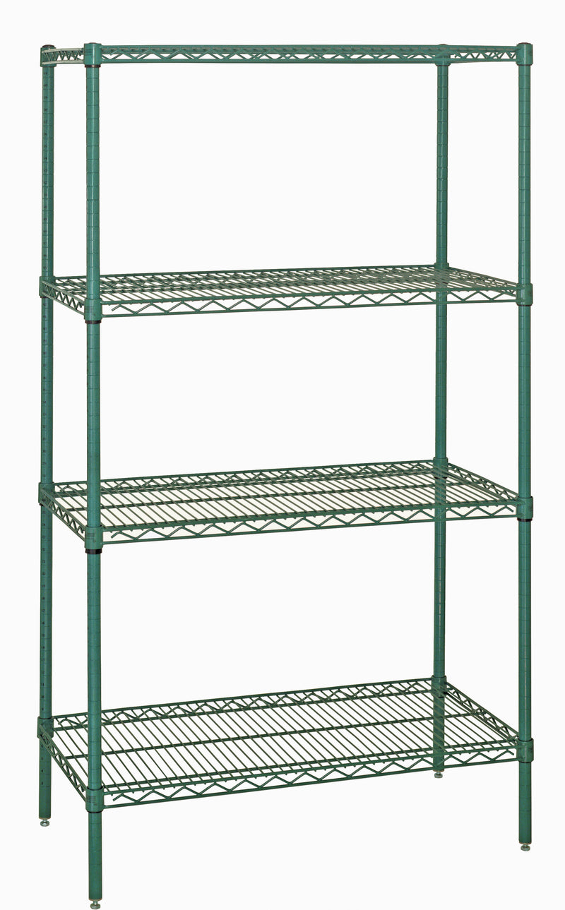 Quantum WR54-1424P, 14"W 24"D 54"H WR Wire Shelving Starter Kit, Green Epoxy Antimicrobial Finish, NSF, 14" Deep