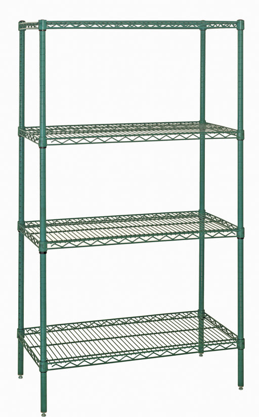 Quantum WR54-1424P, 14"W 24"D 54"H WR Wire Shelving Starter Kit, Green Epoxy Antimicrobial Finish, NSF, 14" Deep