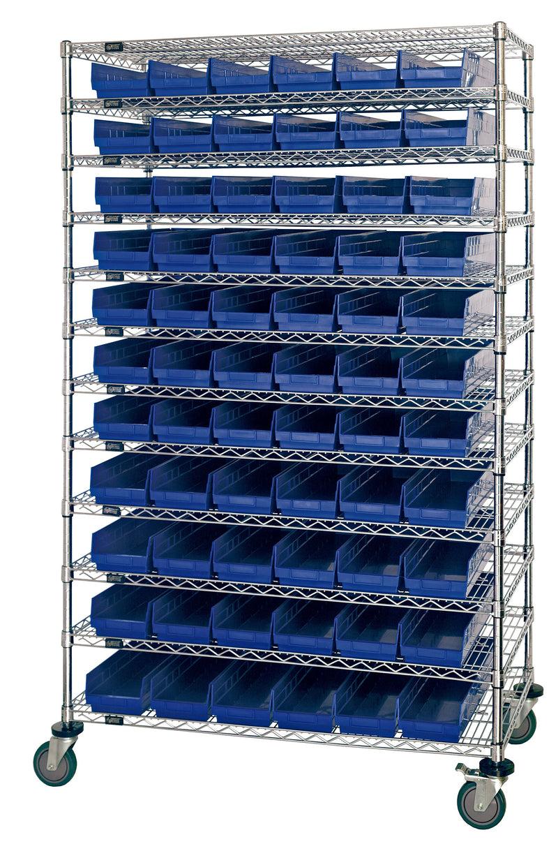 Quantum WR74-1260-88102BL, 12"W 60"D 74"H Bin Wire Shelving System, Blue Bins, Chrome Plated Finish