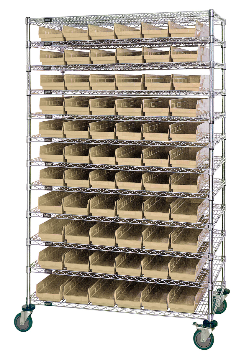 Quantum WR74-1248-66102IV, 12"W 48"D 74"H Bin Wire Shelving System, Ivory Bins, Chrome Plated Finish